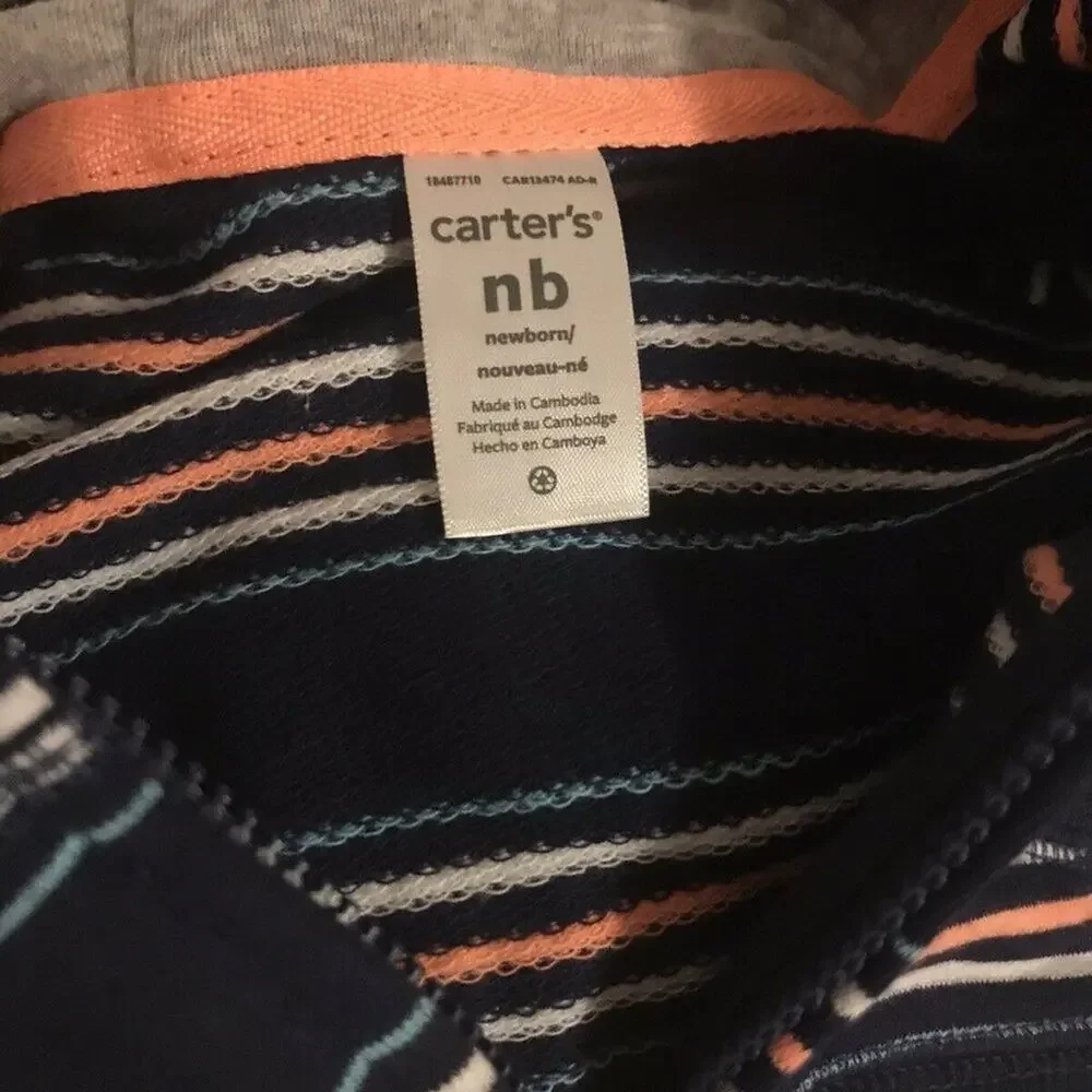 NWT Carters New Born Baby Unisex Stripes Blue Jacket Hoodie Front full Zipper
